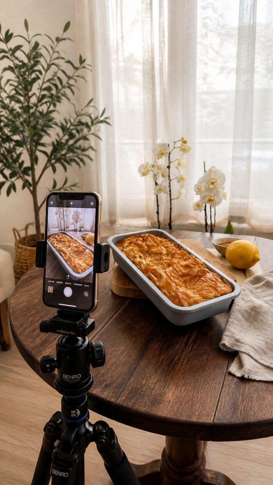 Phone on a tripod filming a golden spanakopita on a wooden table
